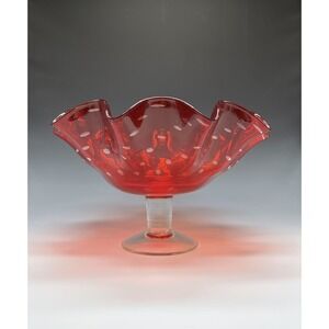 Vtg Bischoff Amberina Ruffled Compote Bowl Bubbles Glass Clear Stem Banana Boat